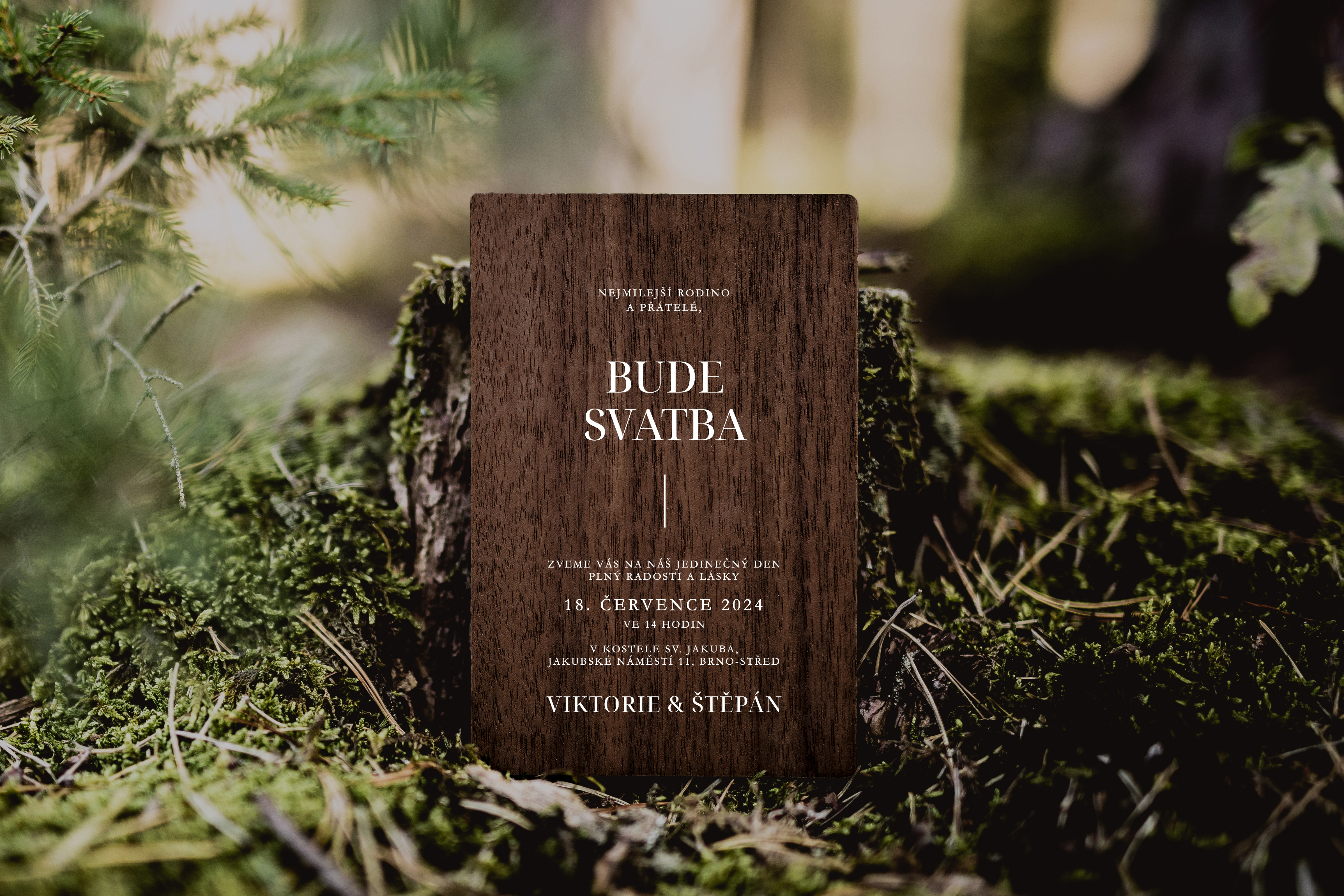 Detail bílého tisku na dřevěném oznámení